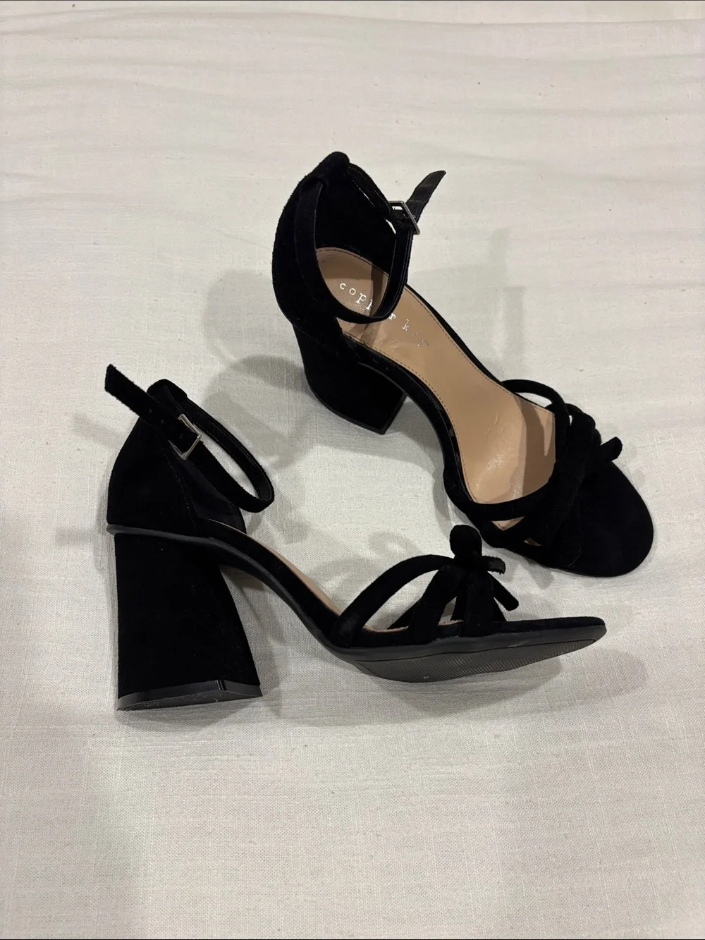 Copper Key Black Suede Ankle-Strap Block Heel Bow Heels